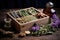 herbal tea assortment in a rustic wooden box