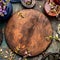 Herbal tea background with cup of tea and healing plants and flowers