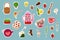 Herbal Tea cute stickers collection. Strawberry cups and teapot.