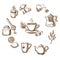 Herbal tea, dessert and bakery sketch icons