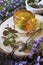 Herbal tea, eucalyptus and flowering wisteria