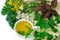 Herbal tea of fresh wormwood leaves, yarrow, St. John`s wort flowers, green nettle