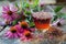 Herbal tea in glass cup with echinacea flowers on rustic wooden table