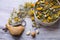 Herbal tea with ivan-tea, cornflower, calendula, heather and thyme. The key to health and longevity.