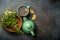 Herbal tea with natural healing medical herbs, tea cup, tea pot top view