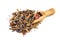 Herbal Tea Pile with a rustic wooden scoop on a white background. Mint, Lemongrass, cornflower, Rose Petals
