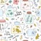 Herbal tea seamless pattern. Doodle teapot, cup, teabag, flowers in cute hand drawn background.