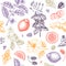 Herbal tea seamless pattern. Hand sketched fruits, herbs, flowers, berries, leaves backdrop. Vector botanical illustration.