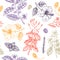 Herbal tea seamless pattern. Hand sketched fruits, herbs, flowers, berries, leaves backdrop. Vector botanical illustration.