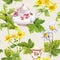 Herbal tea. Seamless pattern: herbs chamomile, mint, teapot, teacup. Watercolor