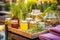 herbal tea sets and candles on outdoor spa terrace