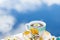 Herbal tea in teacup decorated with flowers outdoors in background of blue sky with clouds