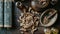 An herbalist's workspace with dried Rhodiola rosea roots spread out on an ancient wooden table