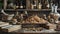 An herbalist's workspace with dried Rhodiola rosea roots spread out on an ancient wooden table