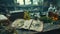 An herbalist's workspace with dried Rhodiola rosea roots spread out on an ancient wooden table