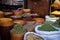 Herbals  and spices at food market stall Suq Al Hamidiyah in Damascus