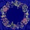 Herbarium with wildflowers, branches, leaves in a circle. Botany on a blue background, greeting card, wreath