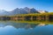 Herbert Lake, Banff National Park, Alberta, Canada. Mountain landscape at dawn. Lake and forest in a mountain valley at dawn.