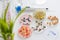 Herbicide-treated corn, suflowers, chick-pea seeds in a Petri dish and sprouted seeds on a table with a dispenser and test tubes