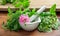 Herbs in a mortar on wooden background