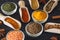 Herbs, spices and food additives on a dark background