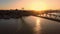 Hercilio luz bridge with city and sunset in Florianopolis, Brazil. Aerial view