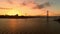 Hercilio luz cable bridge with sunset sky in Florianopolis, Brazil. Aerial view