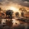 A herd of African elephants drinking at a muddy waterhole