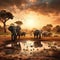 A herd of African elephants drinking at a muddy waterhole