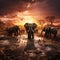 A herd of African elephants drinking at a muddy waterhole