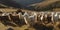 A herd of alpacas grazing on a mountainside, concept of Farming practices, created with Generative AI technology