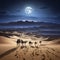 a herd of camels is walking through the desert under the moon