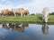 Herd of cows and calves in green grassy meadow reflected in water of dutch canal near Houten and Utrecht