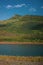 A herd of cows drinking by a lake under a mountain in a sunny day. Concept: Calmness and nature