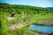 Herd of cows grazing on a green meadow near the lake in the hills at sunny summer day. The picturesque landscape. Dairy