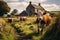 Herd of cows standing in front of an old Irish farmhouse