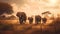 Herd of elephants in the savannah at sunset. Africa.