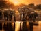 A herd of elephants standing next to a body of water. Generative AI image.
