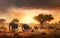 A herd of elephants walking across a dirt field. AI generative image.