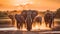 A herd of elephants walking across a dirt field. Generative AI image.