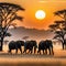 herd of elephants walking across dry grass field at sunset with the sun in the