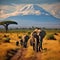 A herd of elephants walking on a dirt road with a mountain in the background