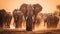 A herd of elephants walking down a dirt road. Generative AI image.