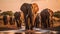 A herd of elephants walking down a dirt road. Generative AI image.