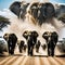 herd of elephants walking down dusty road in the dark with dust coming from