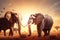 A herd of elephants walks in the day of Africa the backdrop of the rising sun. AI generated