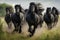 Herd of Friesian black horses galloping in the grass