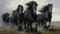 Herd of Friesian black horses galloping in the grass