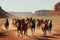 a herd of galloping horses in the desert, surrounded by red rocks
