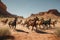 a herd of galloping horses in the desert, surrounded by red rocks